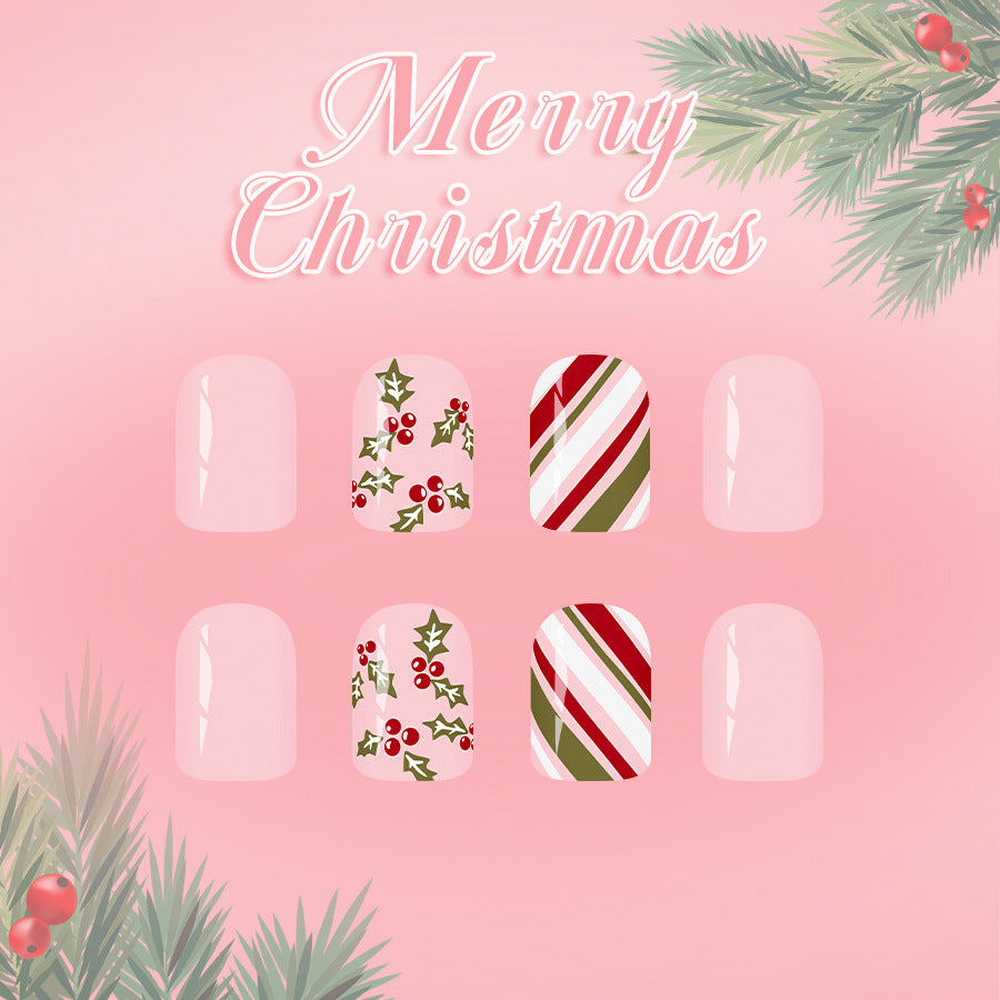 24pcs/Set Pink Holly & Colorful Stripes Press On Nails