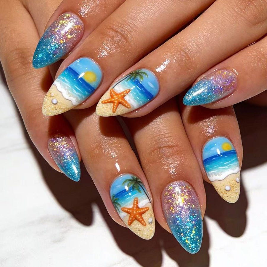 24pcs/Set Blue Gradient Glitter Starfish Press-On Nails
