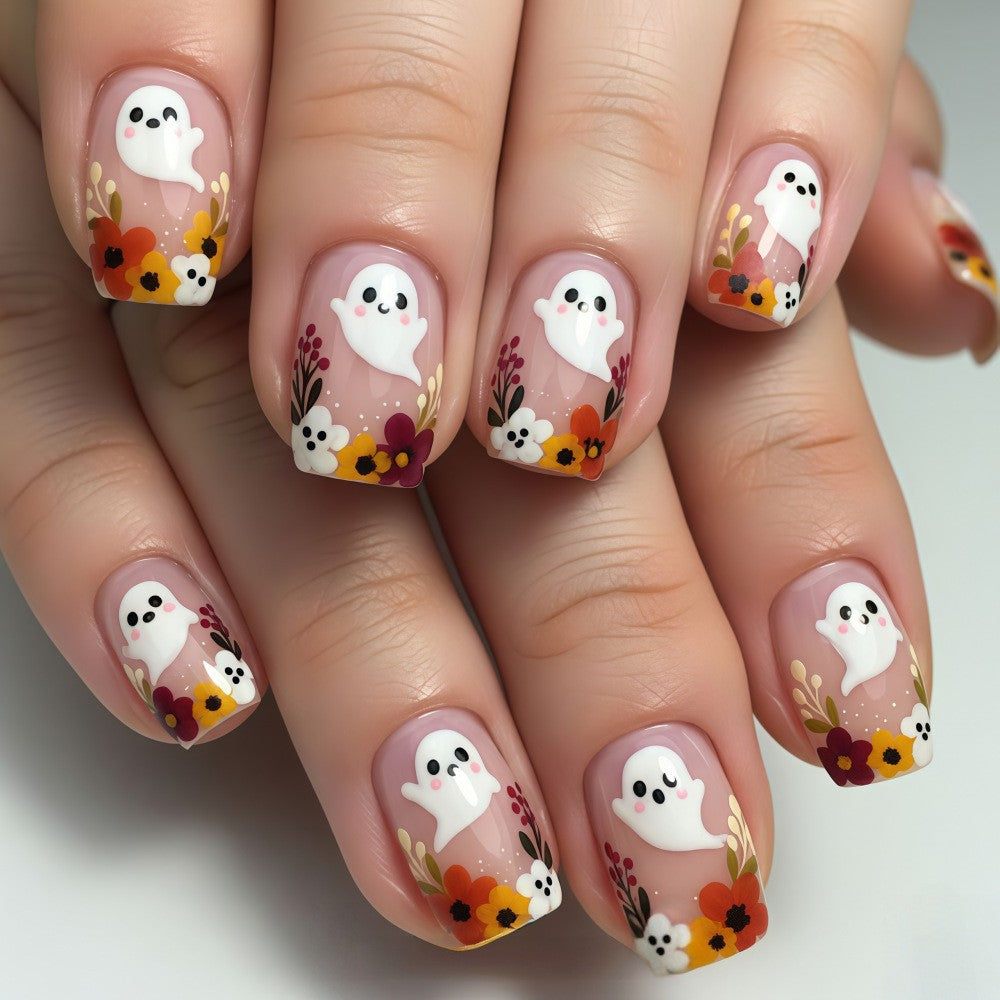 24pcs/Set Orange Ghost Floral Press-On Nails