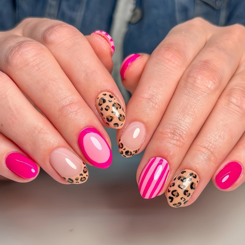 24pcs/Set Hot Pink Leopard Stripes Press On Nails