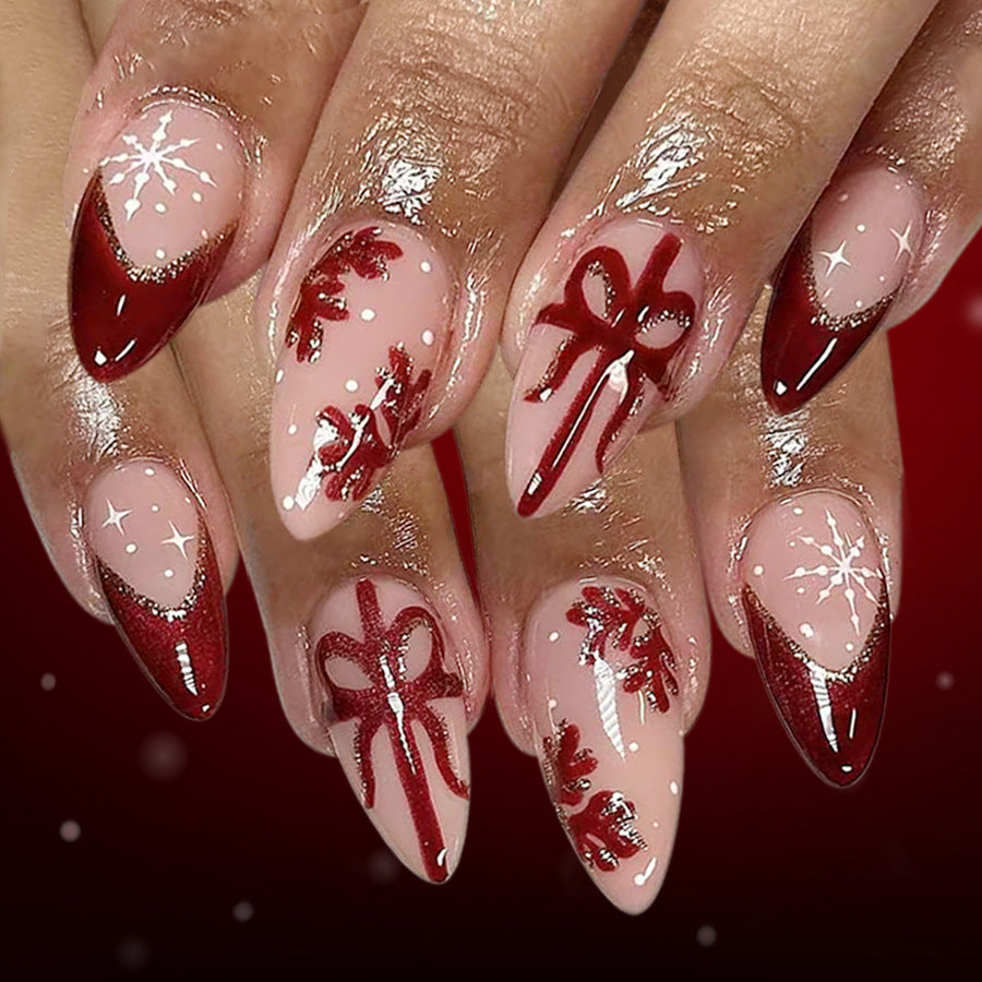 24pcs/Set Red Glitter French Tips & White Snowflakes Press On Nails
