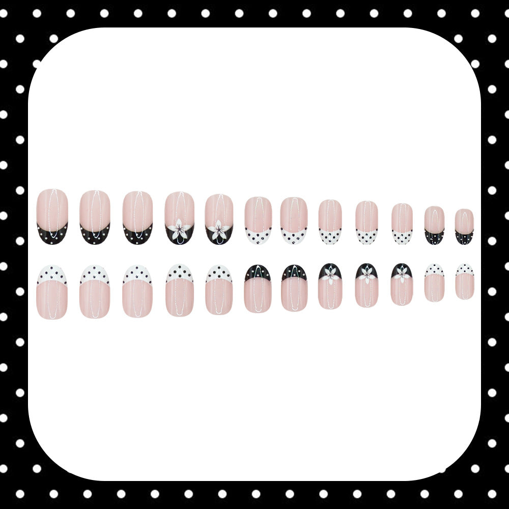 24pcs/Set Black & White Polka Dot French Floral Press On Nails