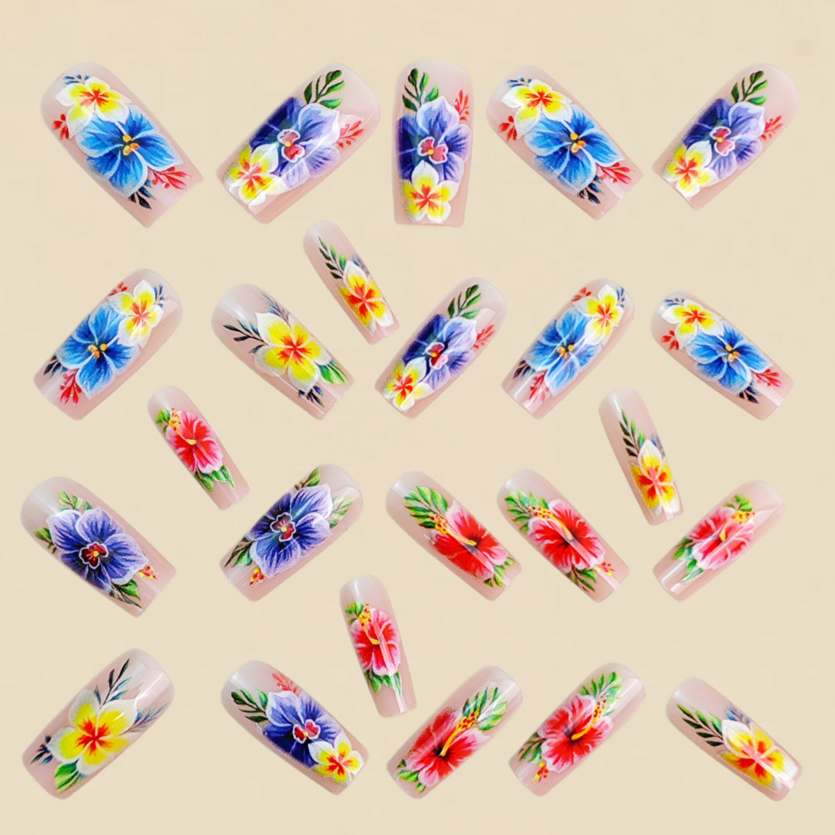 24pcs/Set Hibiscus & Plumeria Floral Press-On Nails