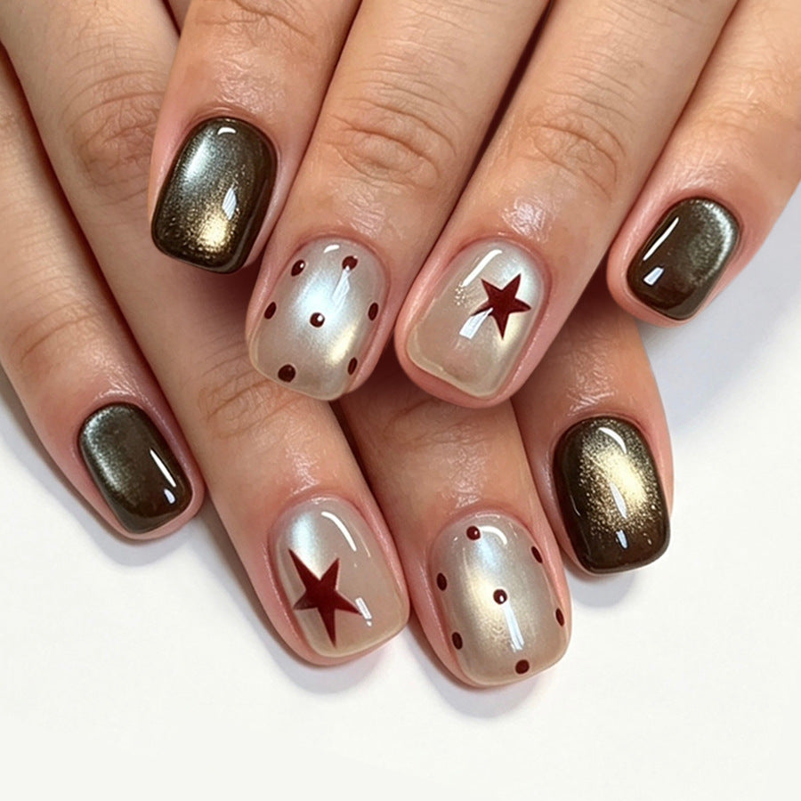 24pcs/Set Dark Brown Polka Dot Stars Press On Nails