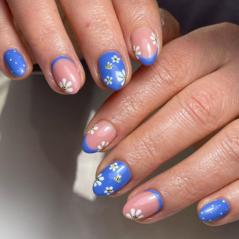 24pcs/Set Blue French Tip Bumblebee Press-On Nails