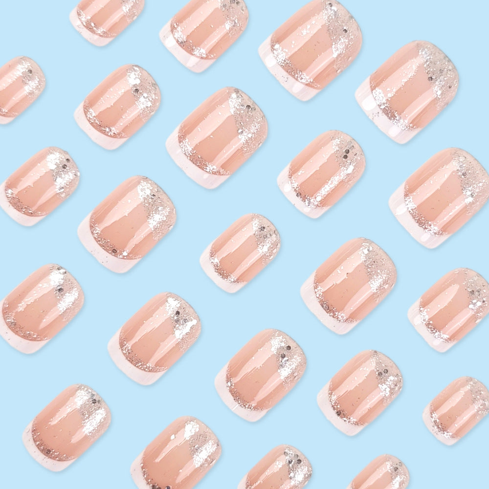24pcs/Set Silver Glitter French Tip Press-On Nails