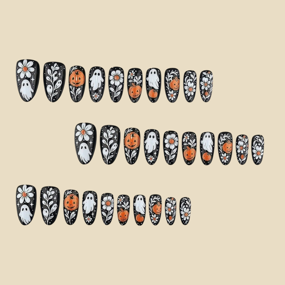 24pcs/Set Black Daisy Ghost Pumpkin Press On Nails