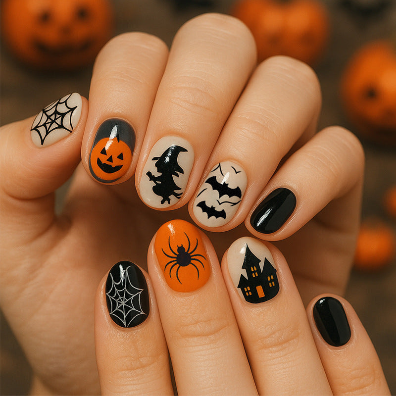 24pcs/Set Glow-in-the-Dark Spiders, Pumpkins & Bats Press-On Nails