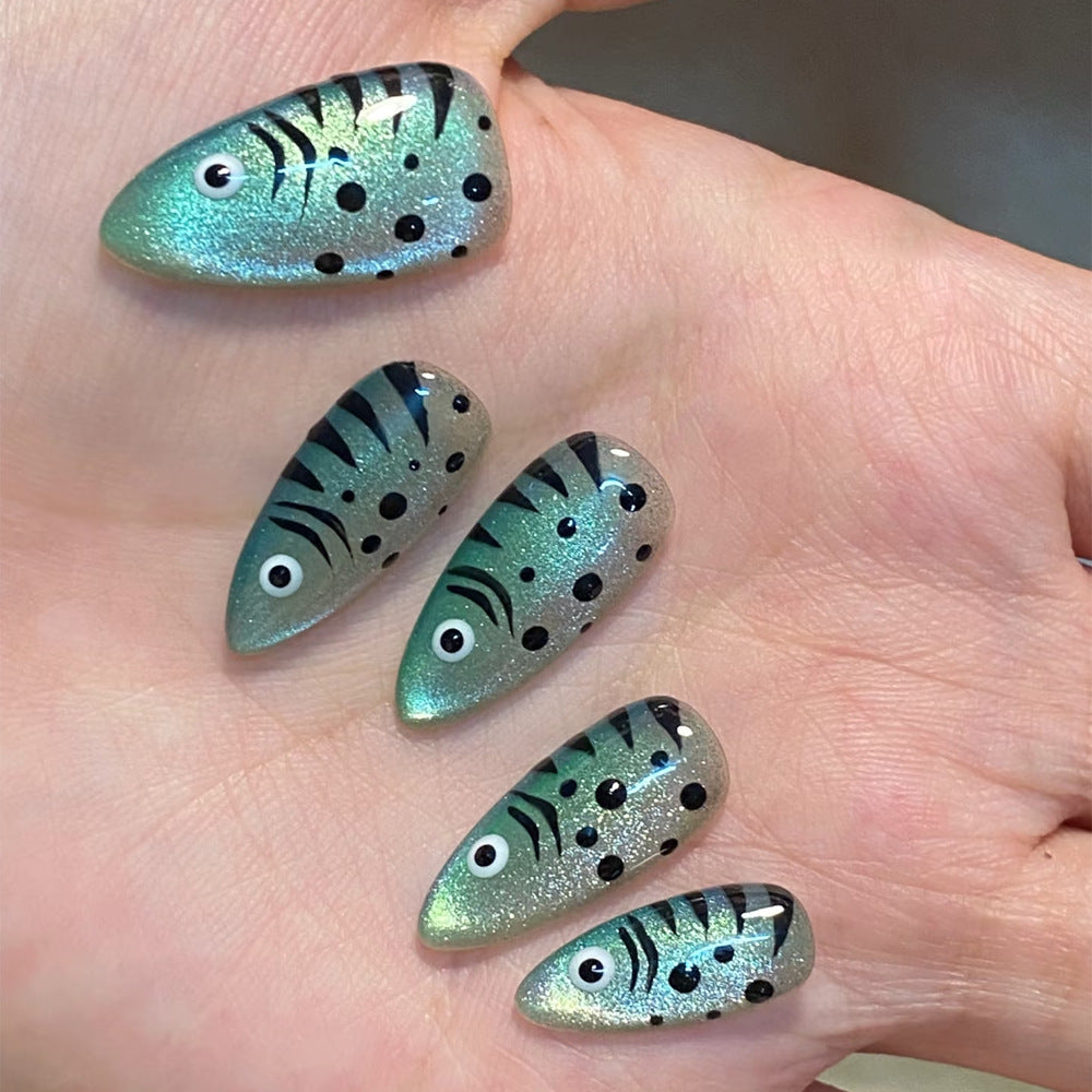 24pcs/Set Silver Green Cat Eye Fish Press On Nails