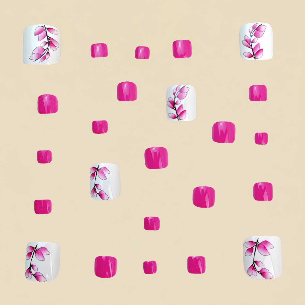24pcs/Set Hot Pink Leaves Press On Toe Nails