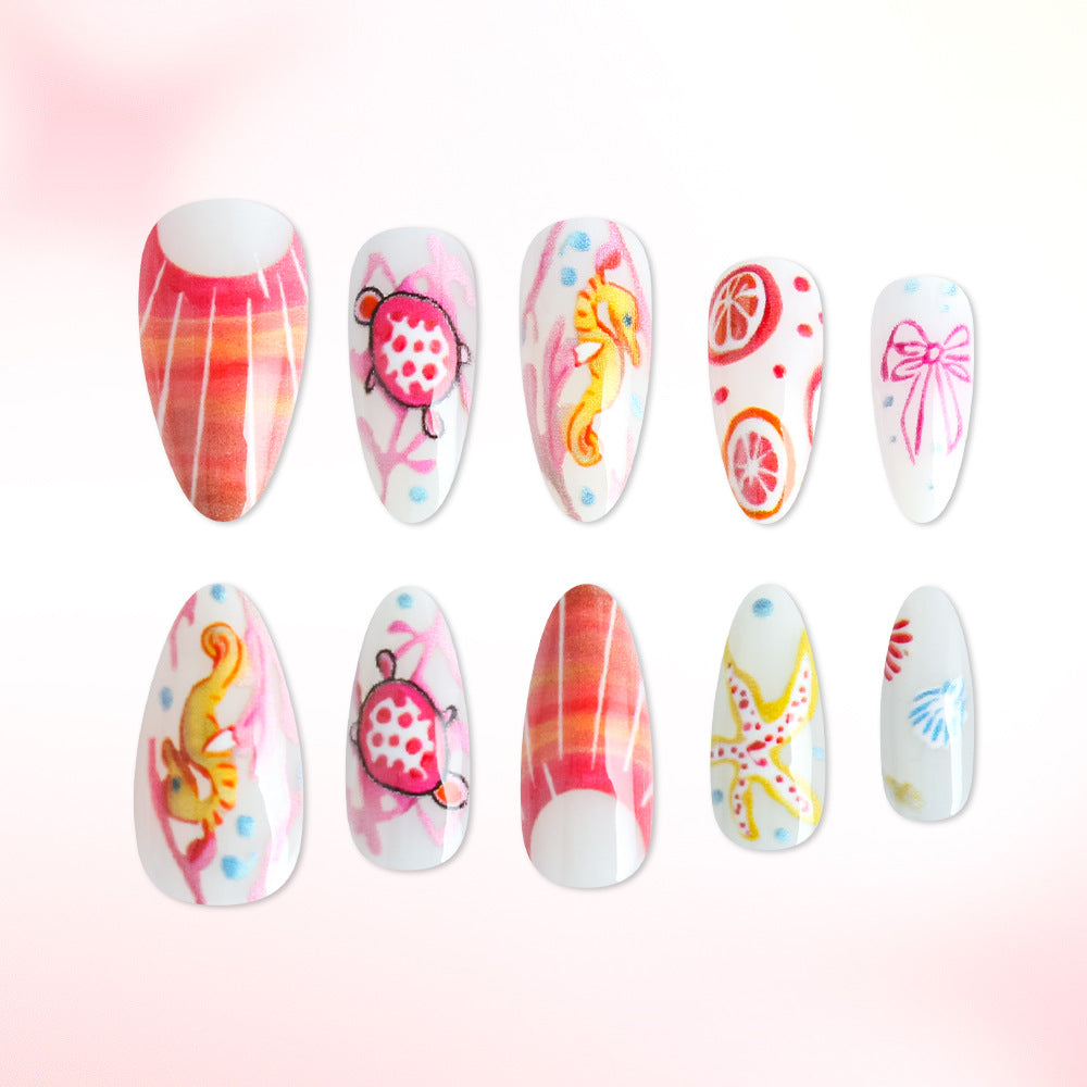 24pcs/Set Colorful Grapefruit Starfish & Seahorse Press On Nails
