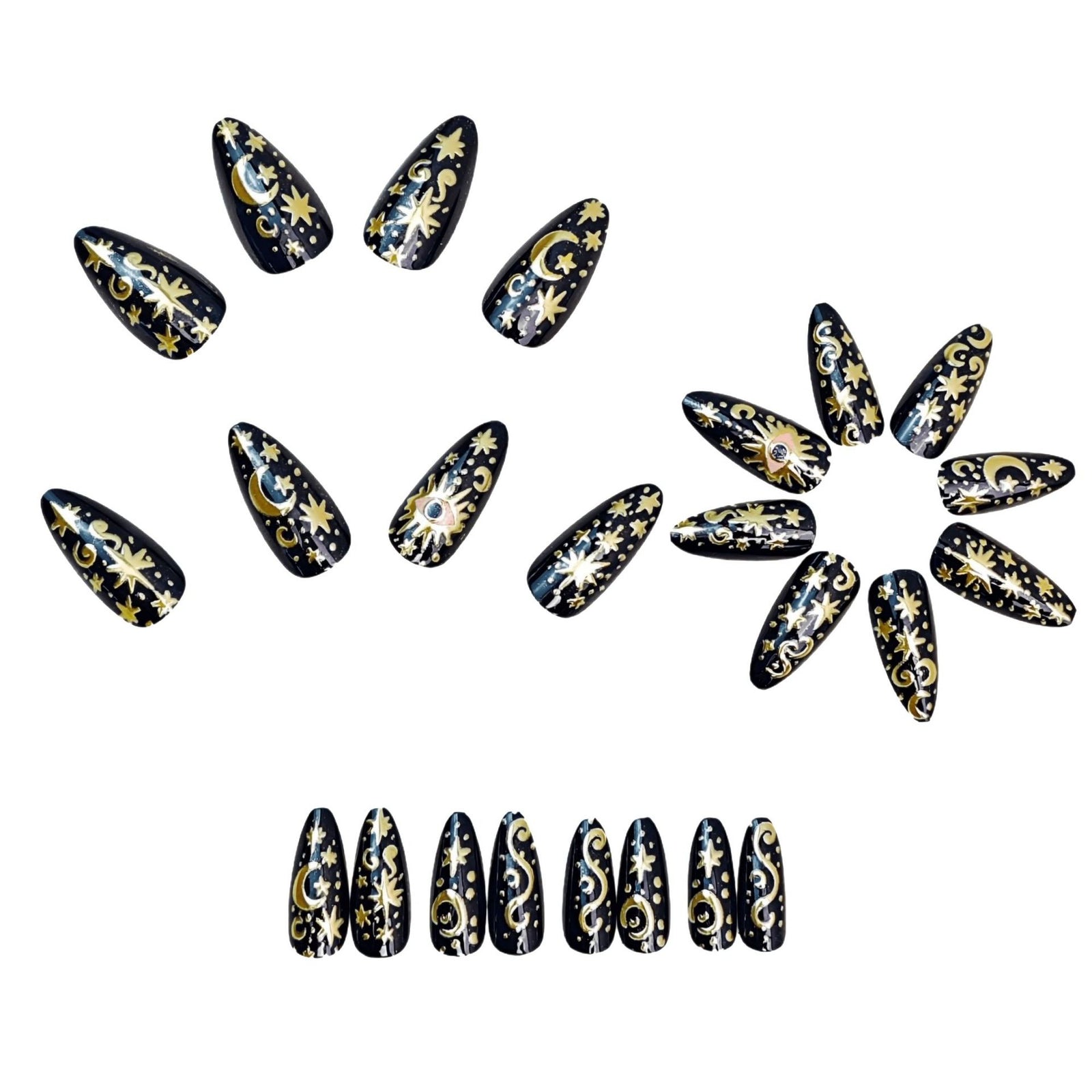 24pcs/Set Black & Gold Cat Eye Marble Nails