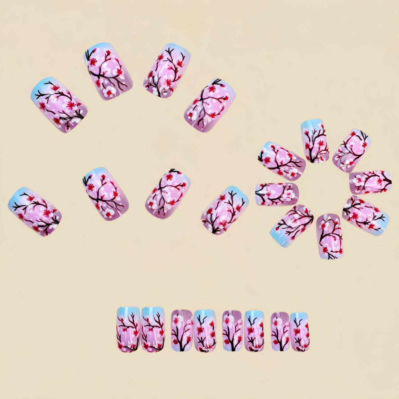 24pcs/Set Cherry Blossom Gradient Branches Press-On Nails