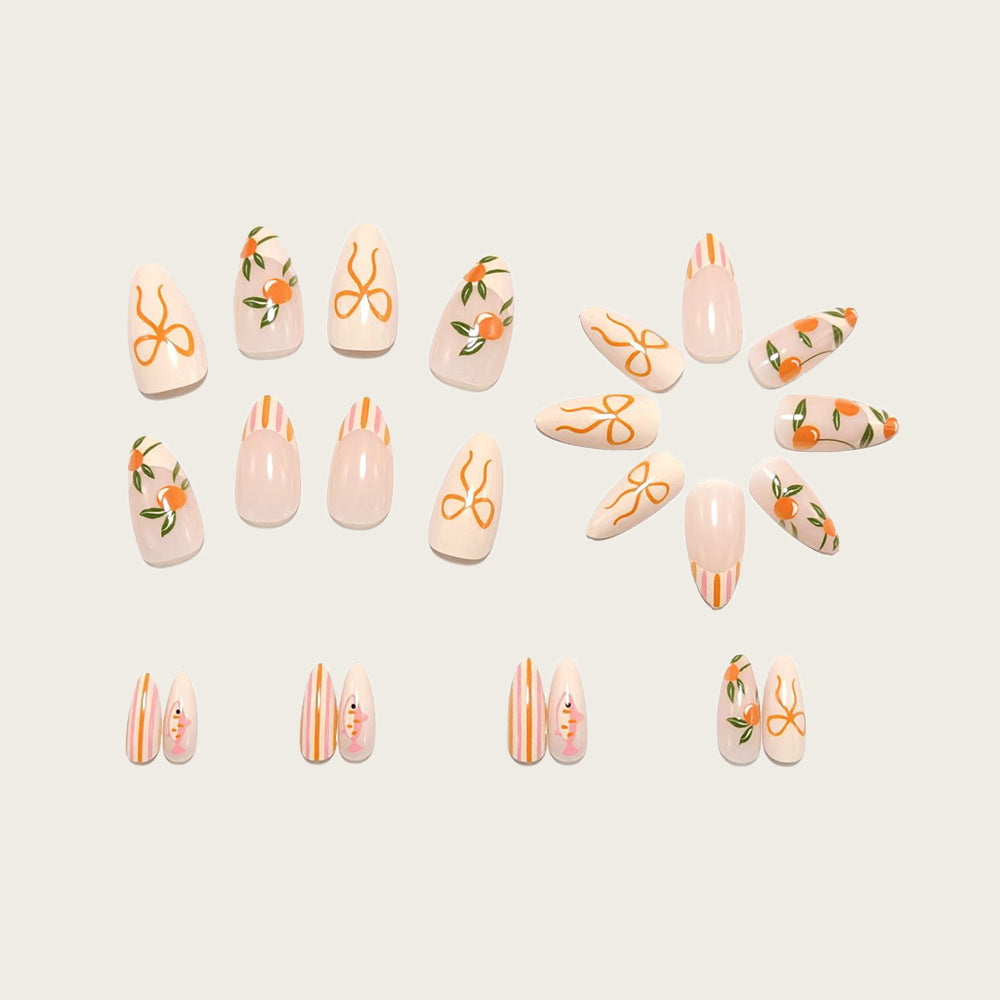 24pcs/Set Orange French Tip with Bow Press On Nails