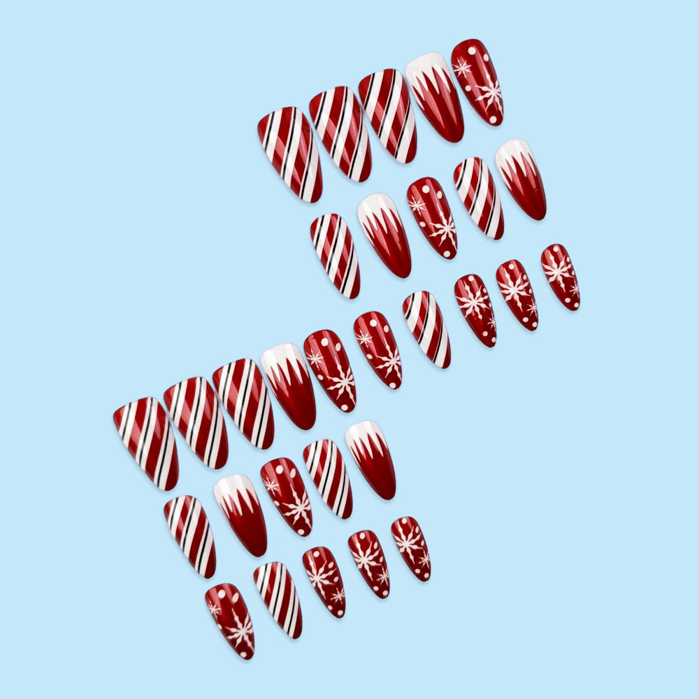 24pcs/Set Red Glow-in-the-Dark Snowflake Stripes Press On Nails
