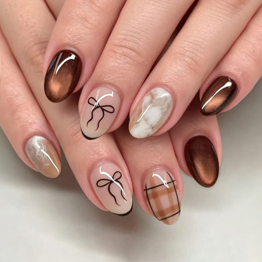 24pcs/Set Cat Eye Plaid Marble Press On Nails