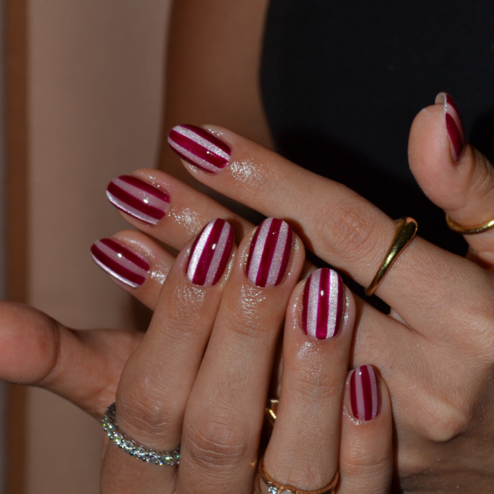 24pcs/Set Raspberry Red Striped Cat Eye Press-On Nails