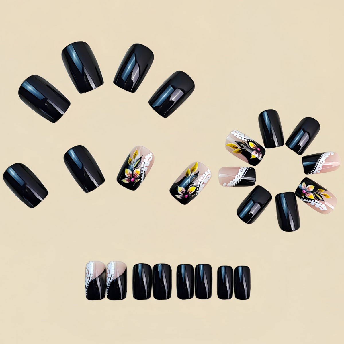 24pcs/Set Black French Floral Press-On Nails