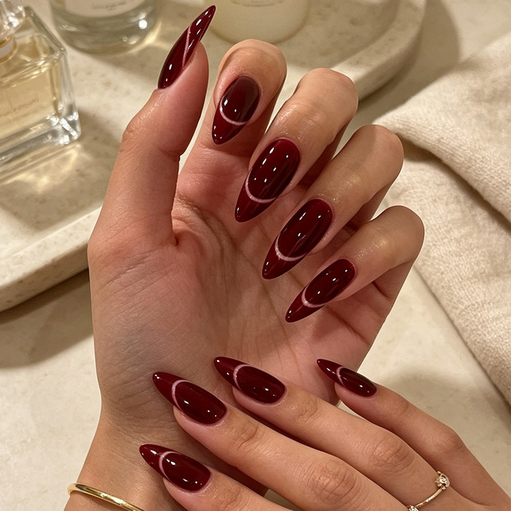 30pcs/Set Fall & Winter Burgundy Cat Eye Press-On Nails