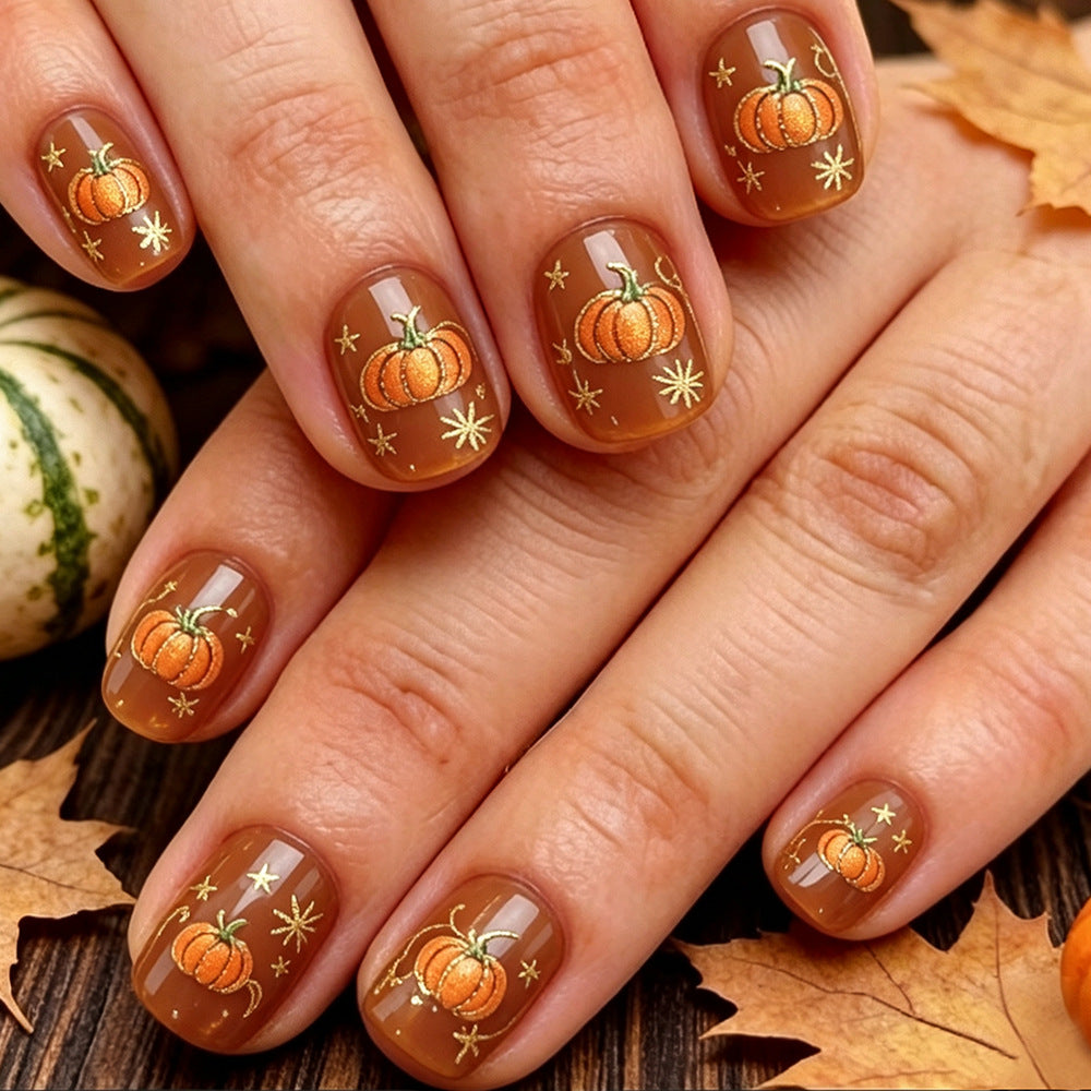 24pcs/Set Caramel Brown & Gold Pumpkin Press On Nails