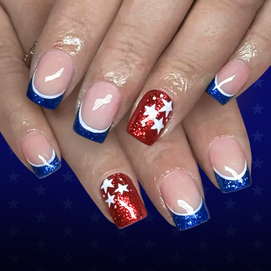 24pcs/Set Blue and White French Tips with Glitter Stars Press-On Nails