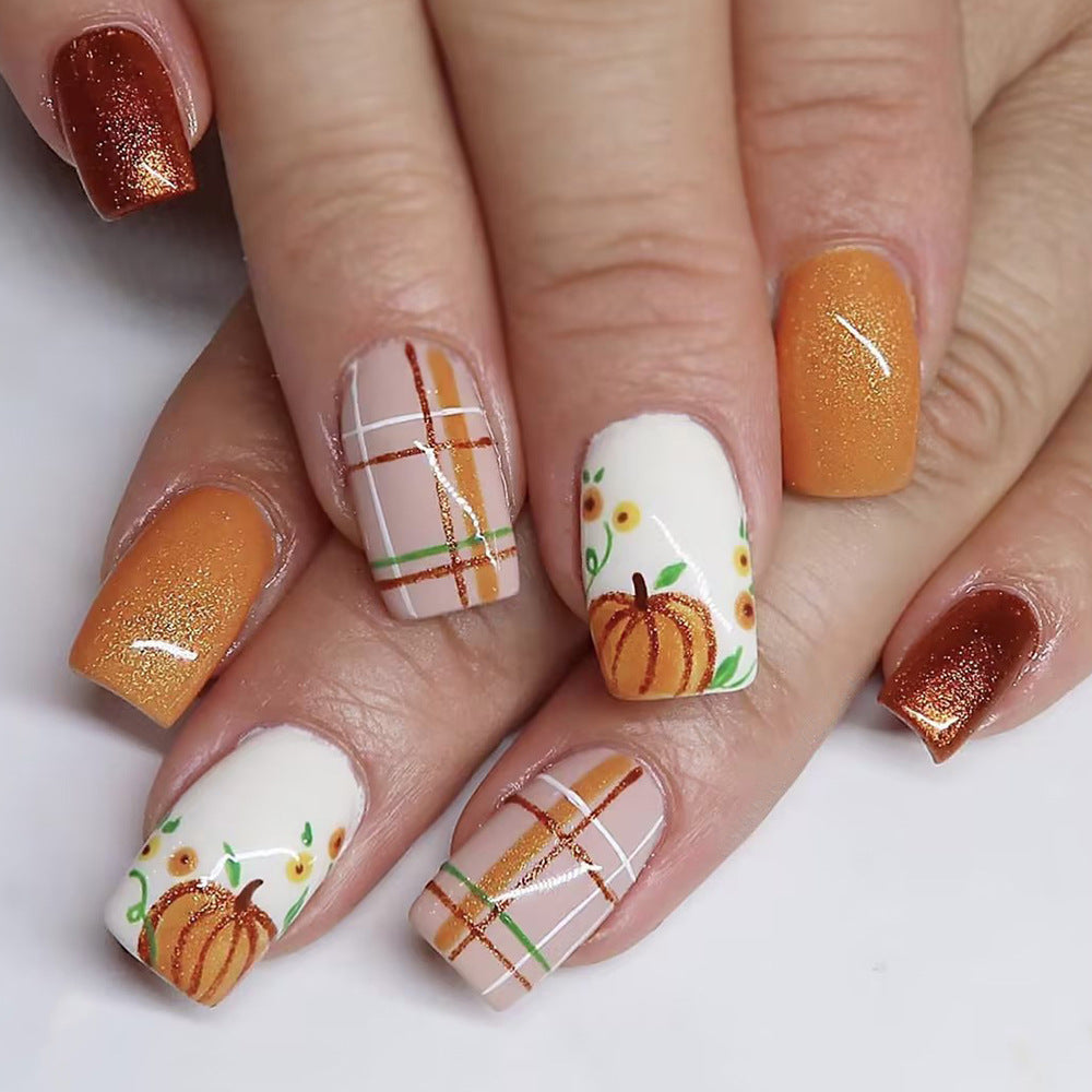 24pcs/Set Pumpkin Colorblock Glitter Plaid Press-On Nails