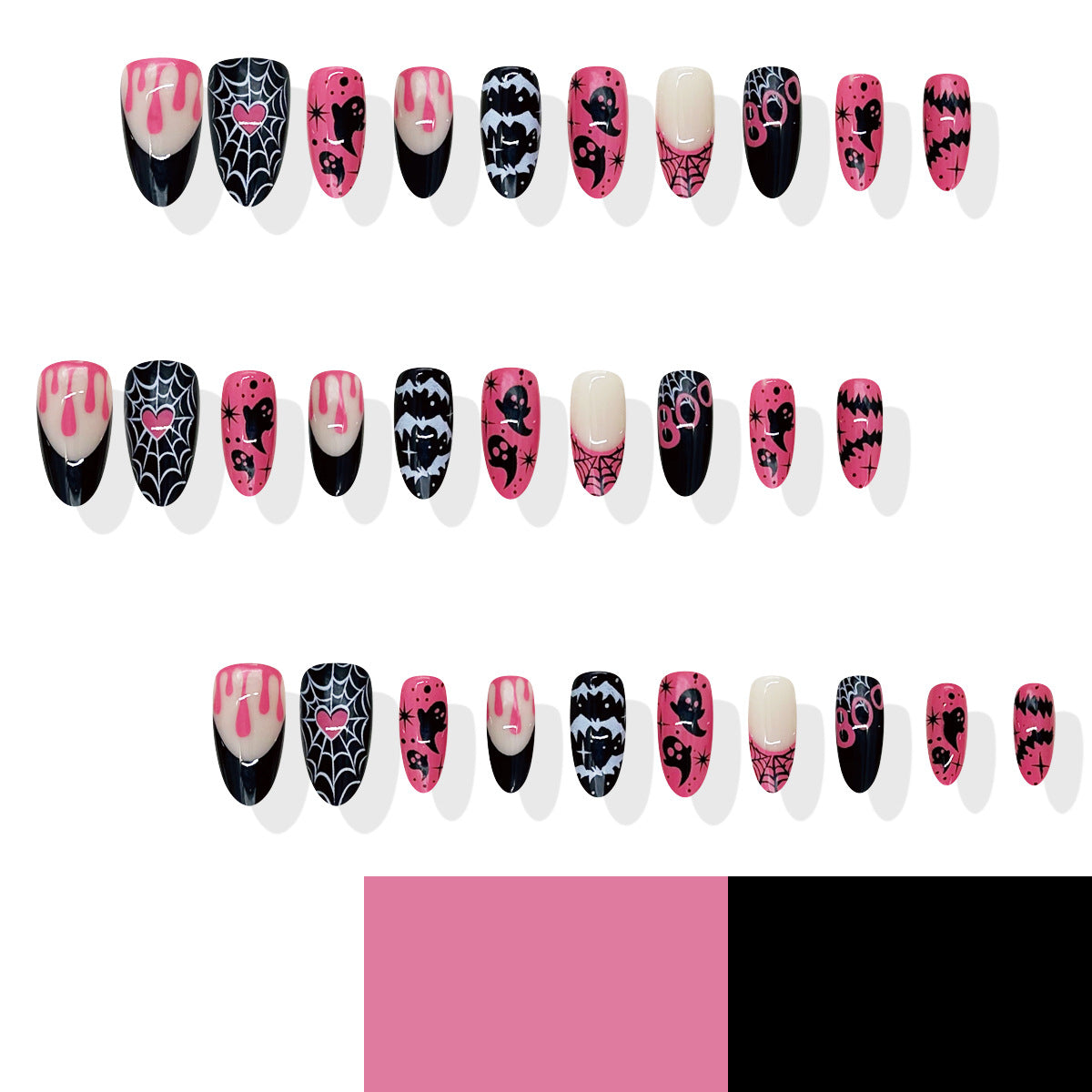 24pcs/Set Pink & Black Mismatched Ghost Bat Spider Web Press On Nails
