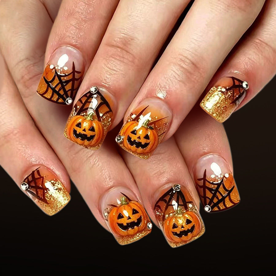 24pcs/Set Orange 3D Embossed Pumpkin Press-On Nails