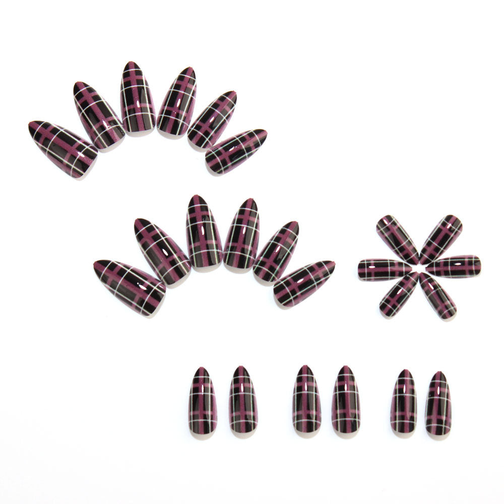24pcs/Set Black & Pink Plaid Press On Nails