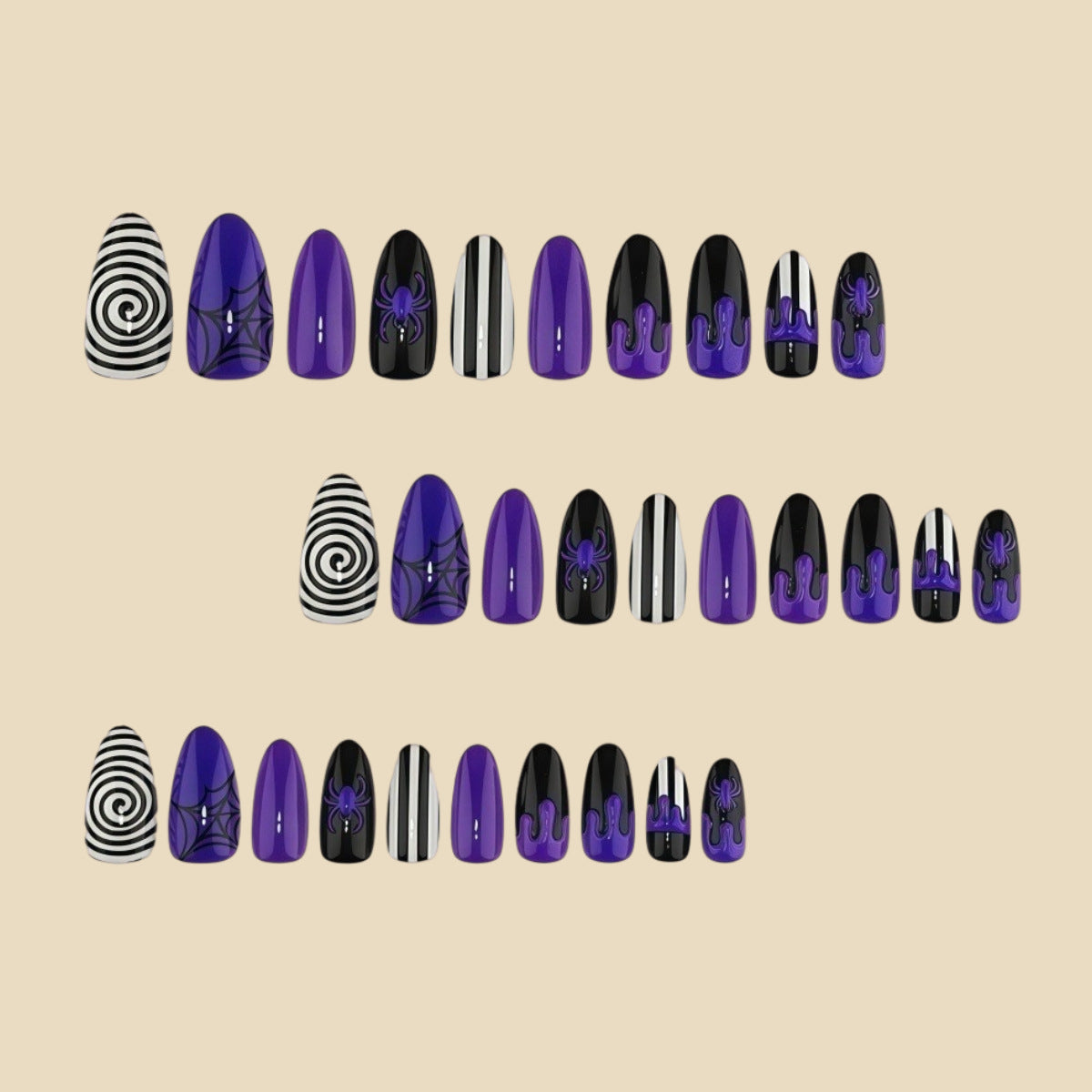 30pcs/Set Black & White Striped Spider Press On Nails