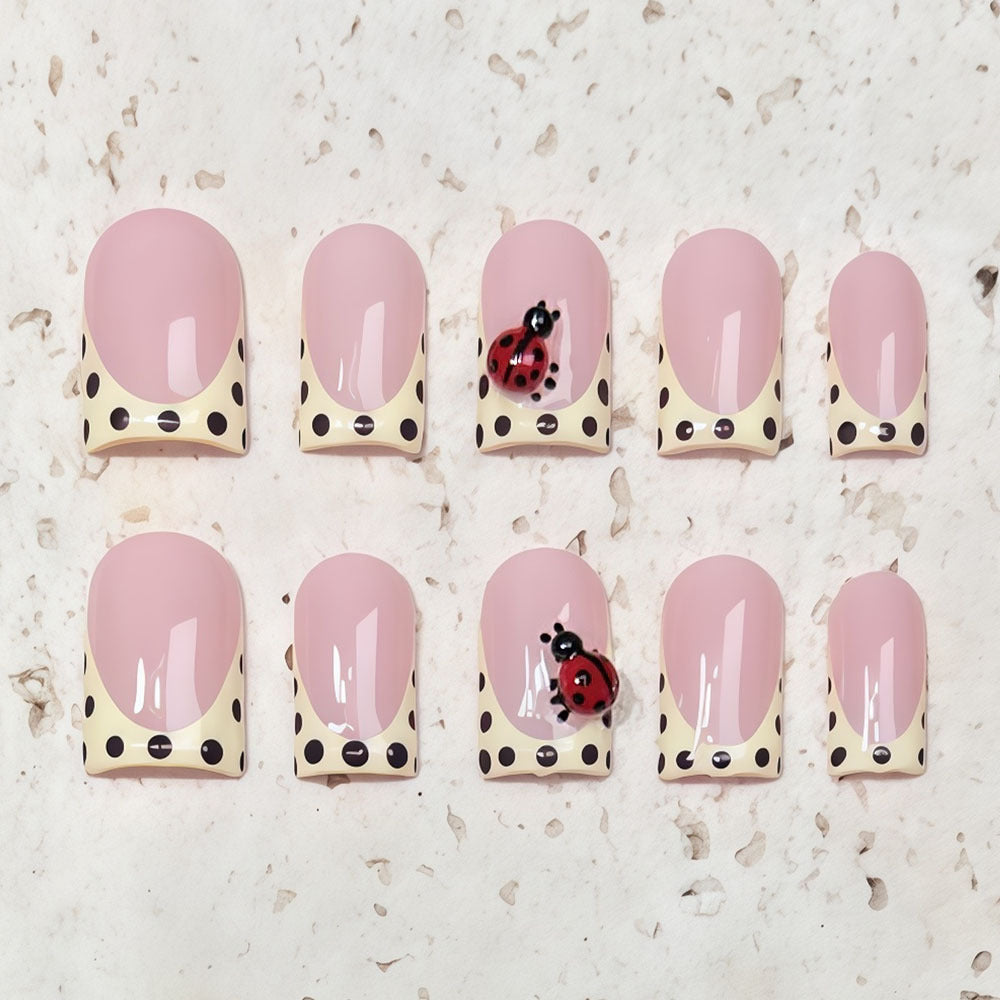 (Handmade) 10pcs/Set Yellow French French Tip Polka Dot Ladybug Press-On Nails