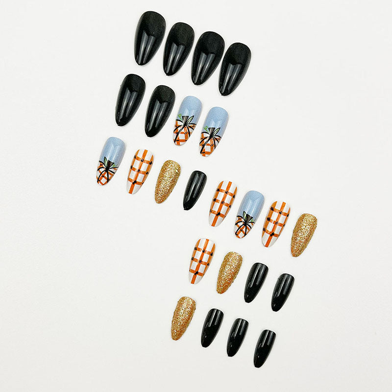 24pcs/Set Pumpkin Plaid Glitter Press On Nails