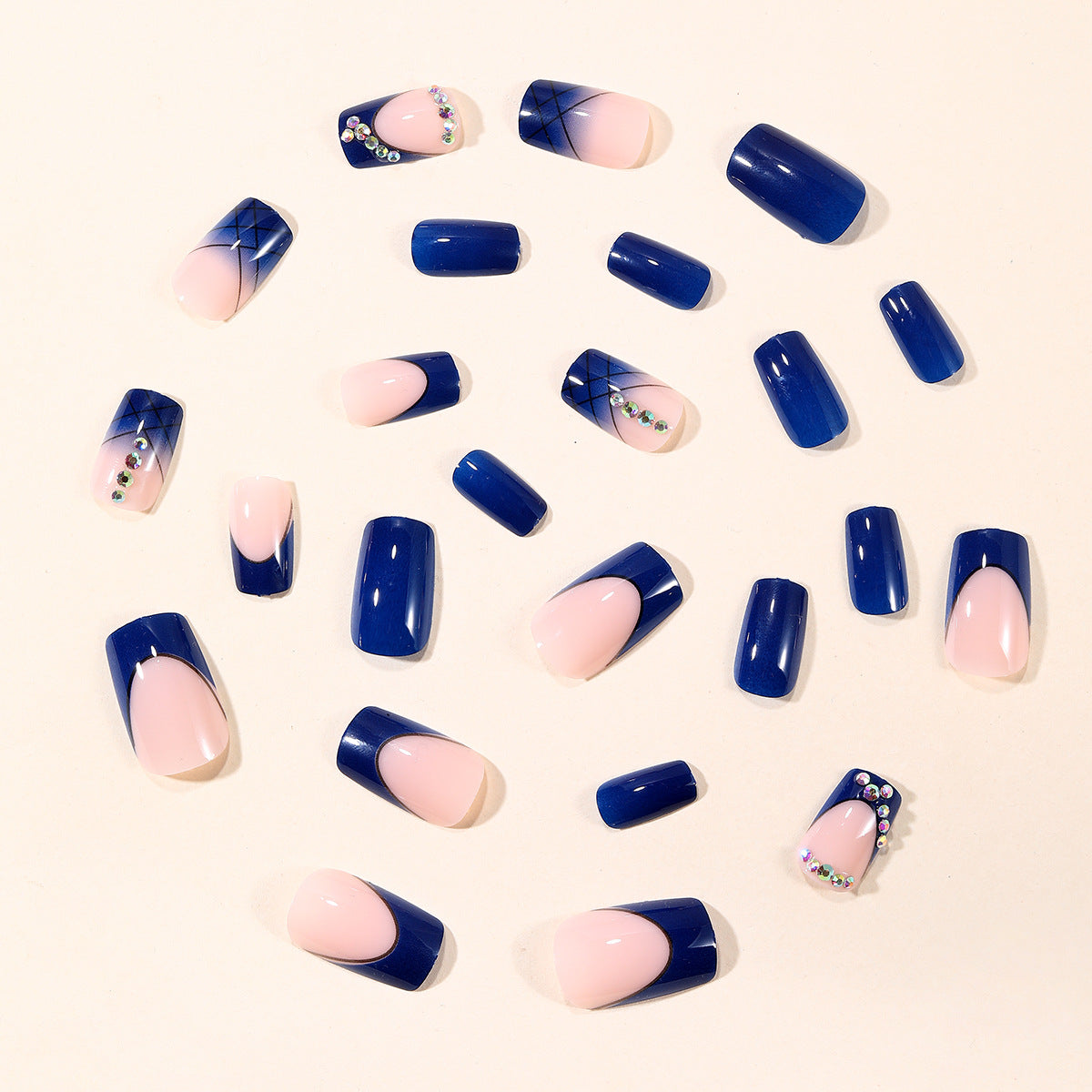 24pcs/Set Blue Ombre Black Line French Tips Press-On Nails