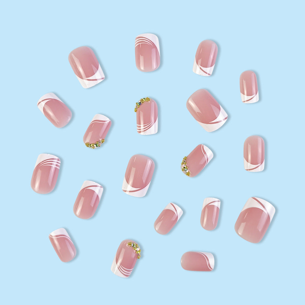 24pcs/Set Minimalist French with Crystal Press On Nails