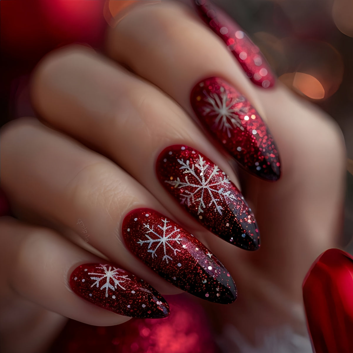 24pcs/Set Red Glitter Snowflake Press-On Nails