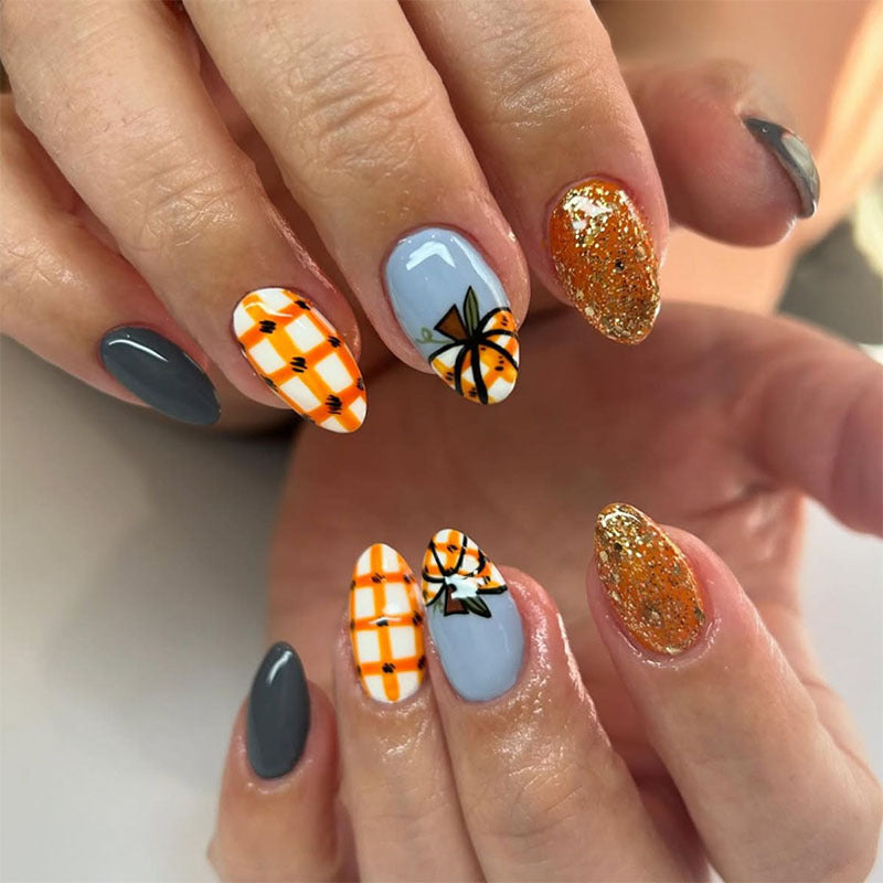 24pcs/Set Pumpkin Plaid Glitter Press On Nails