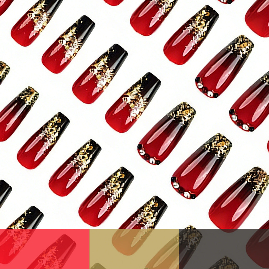 24pcs/Set Black to Red Ombre with Gold Glitter Press-On Nails