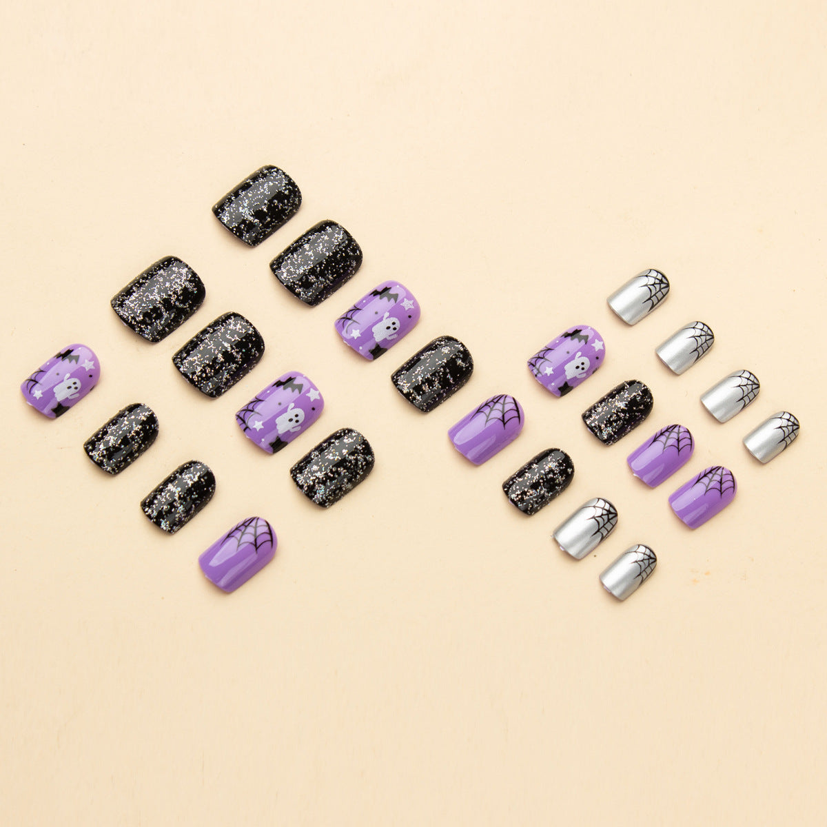 24pcs/Set Lavender Bat, Ghost & Spiderweb Press On Nails
