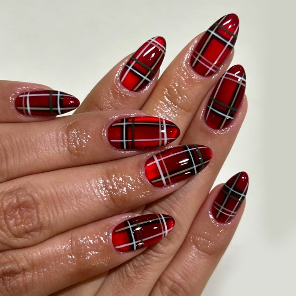 24pcs/Set Red & Black Striped Cat Eye Press On Nails