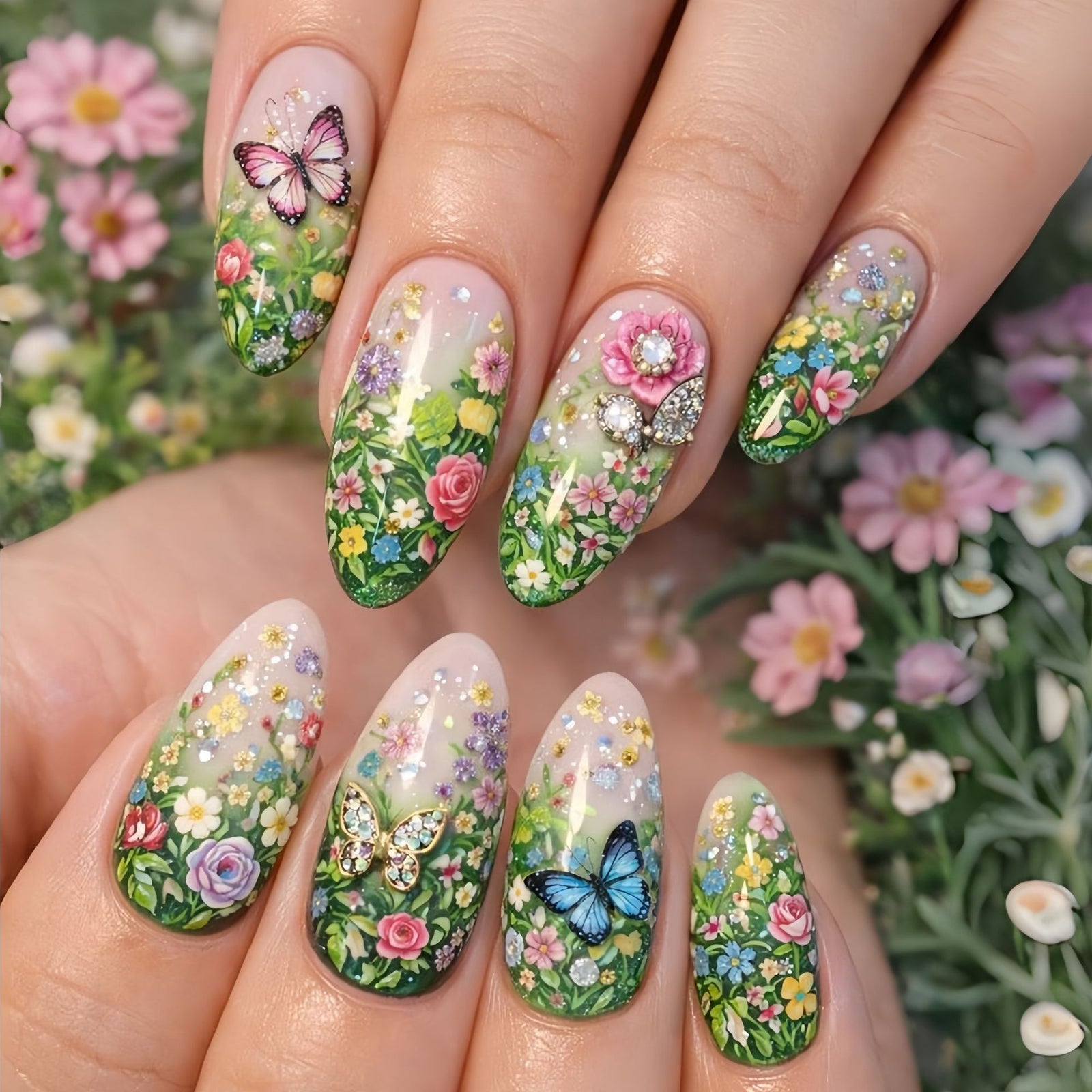 24pcs/Set Garden Butterfly Florals Press-On Nails