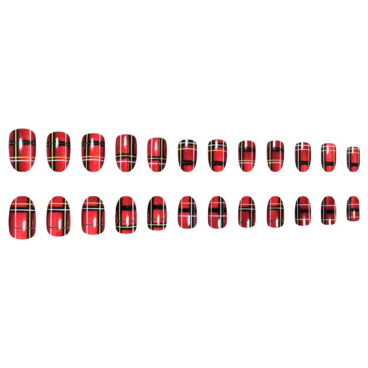 24pcs/Set Red & Gold Plaid Cat Eye Press On Nails