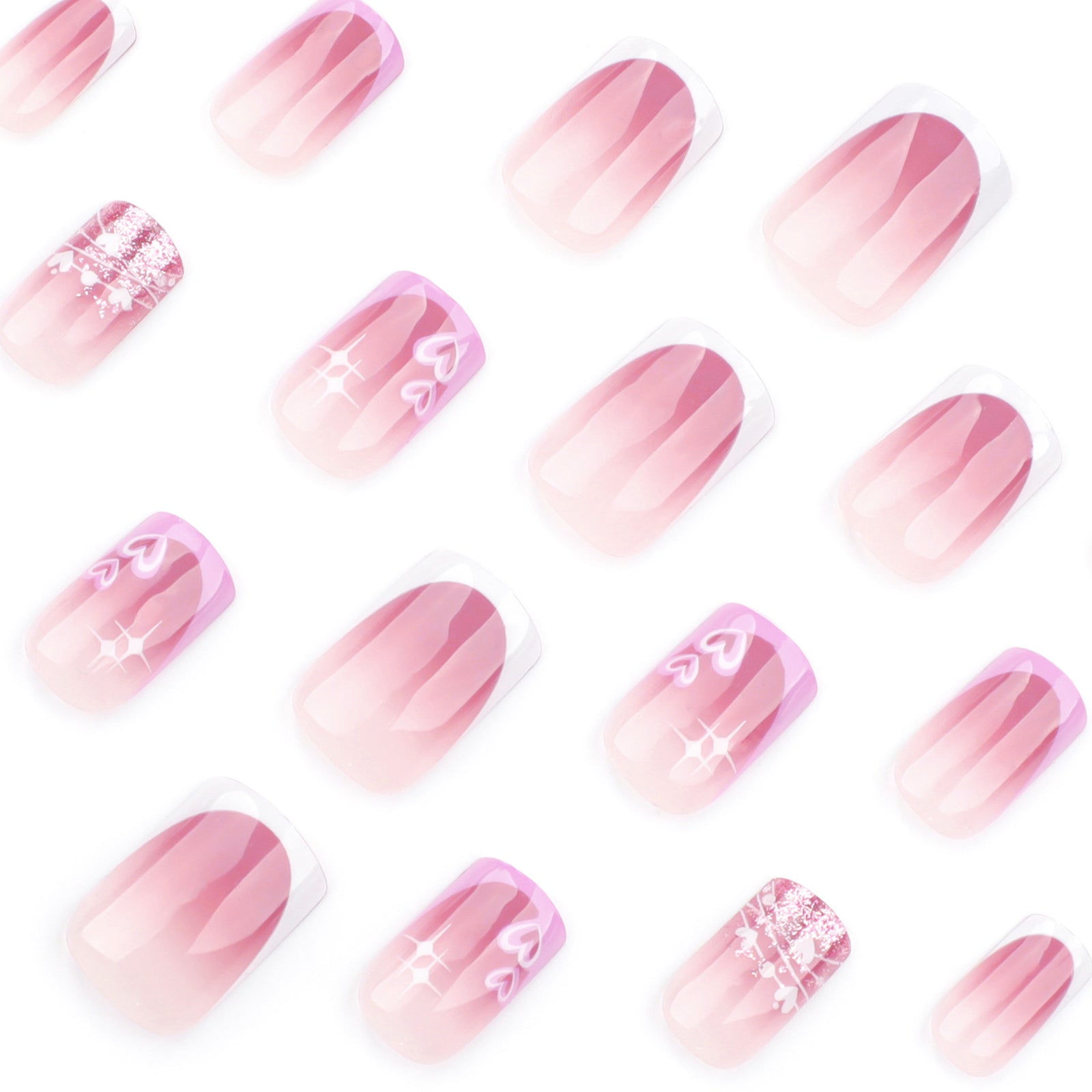 24pcs/Set Hot Pink French Hearts Press-On Nails