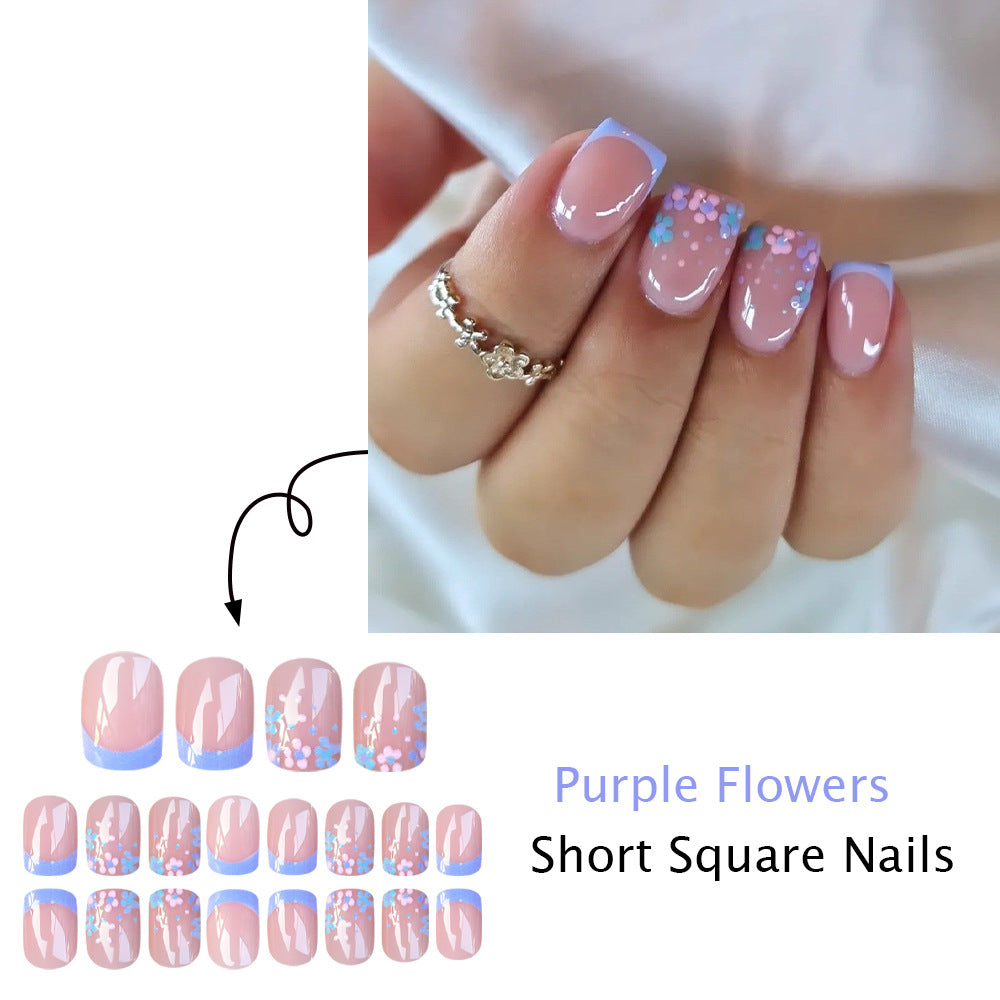 24pcs/Set Blue Floral French Tip Press On Nails
