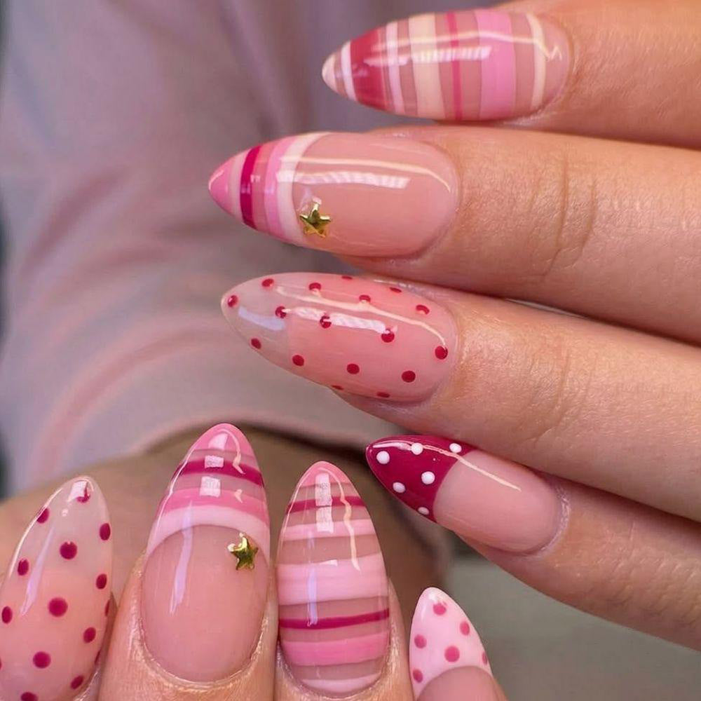 24pcs/Set Hot Pink & Pink Color Block French Press On Nails