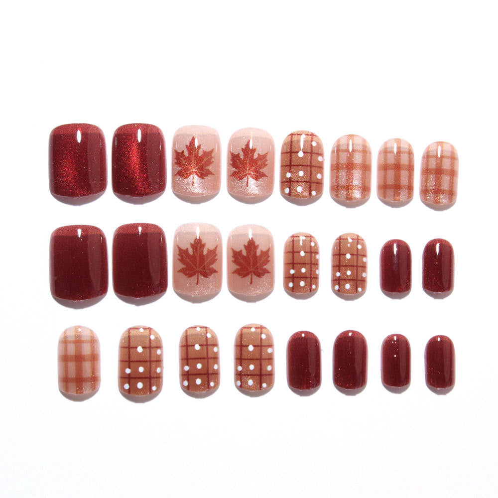 24pcs/Set Maple Leaf Plaid Cat-Eye Press On Nails