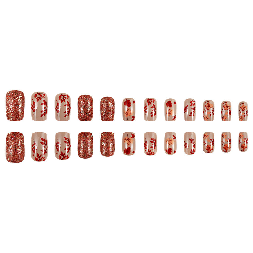 24pcs/Set Vintage Maple Leaves Press On Nails