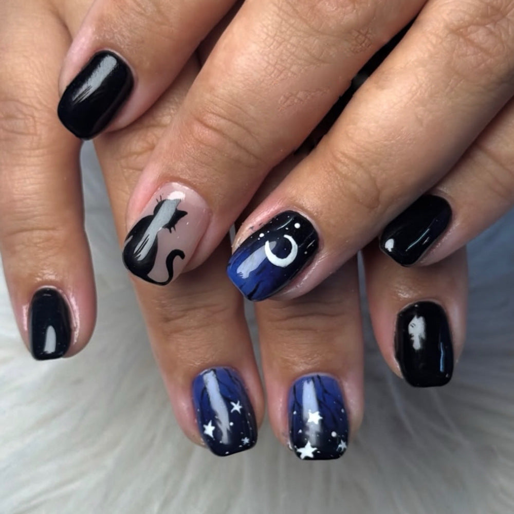24pcs/Set Moon & Star Black Cat Press-On Nails
