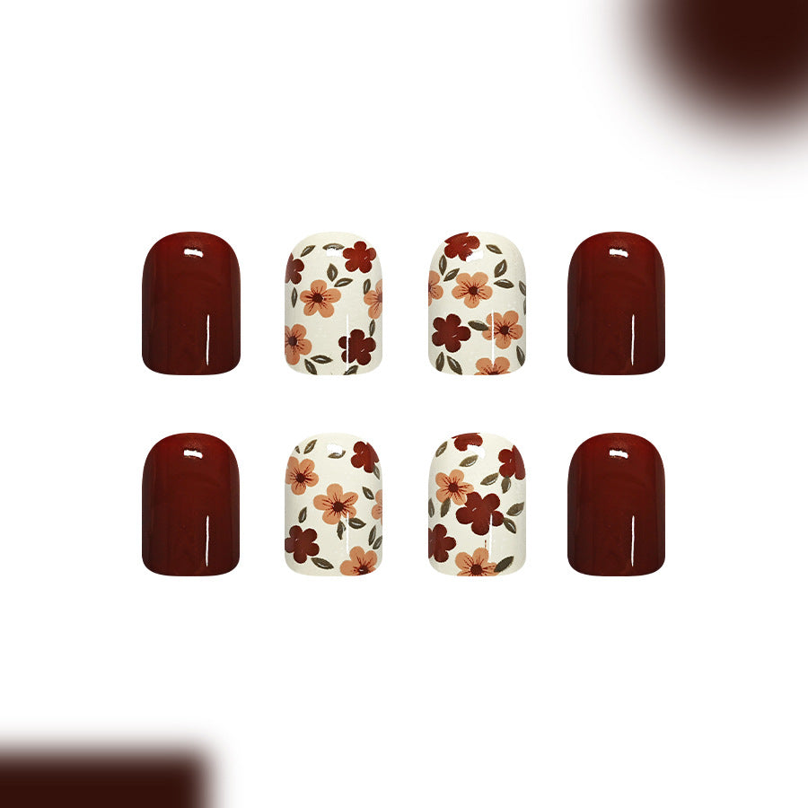 24pcs/Set Deep Brown Dainty Floral Press On Nails