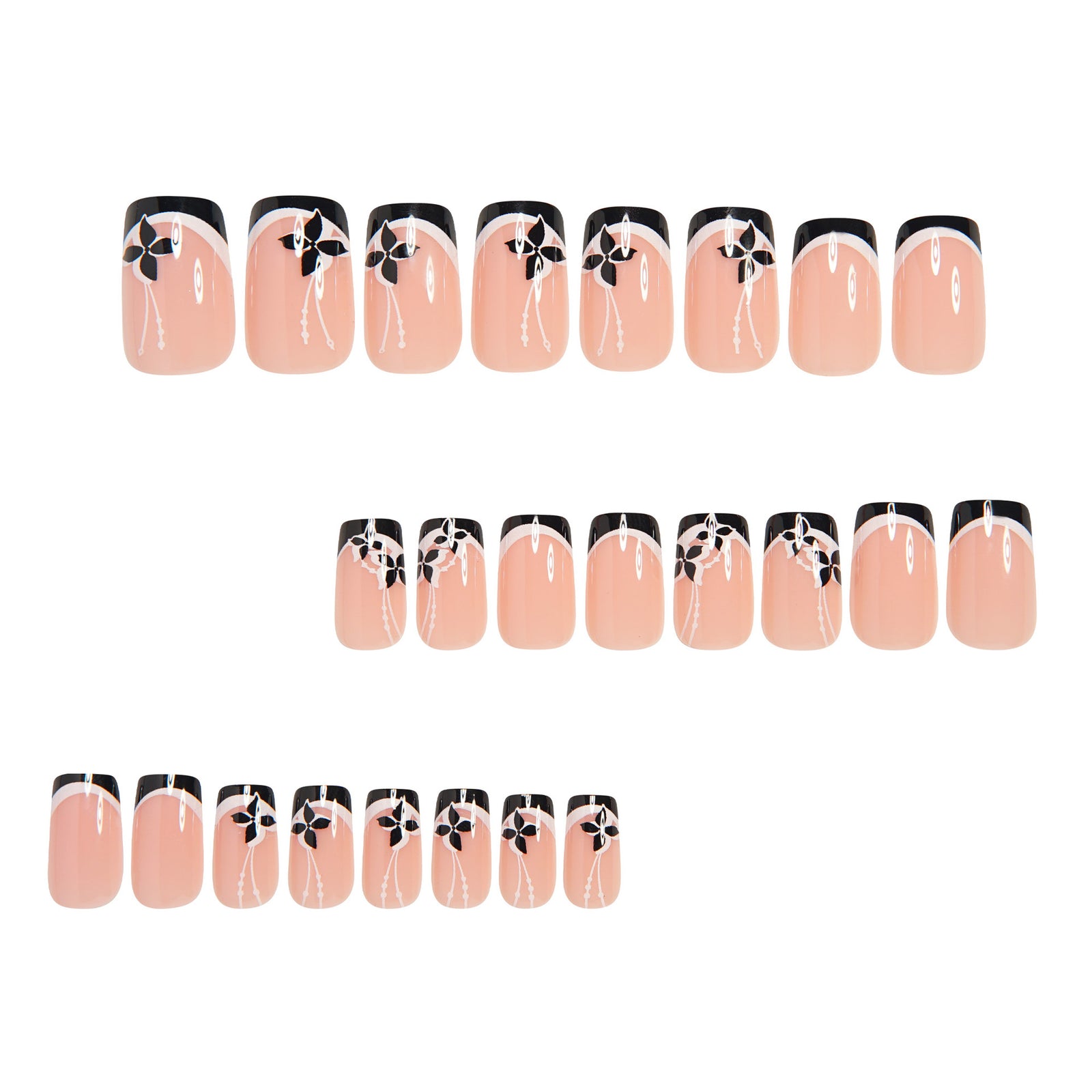 24pcs/Set Black & White French Tips with Black Floral Press-On Nails