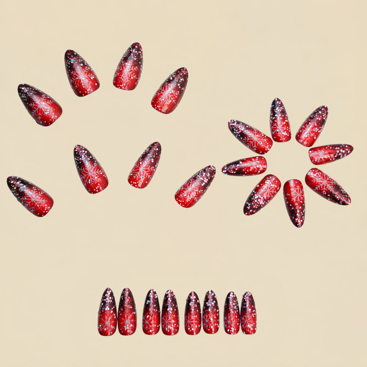 24pcs/Set Red Glitter Snowflake Press-On Nails